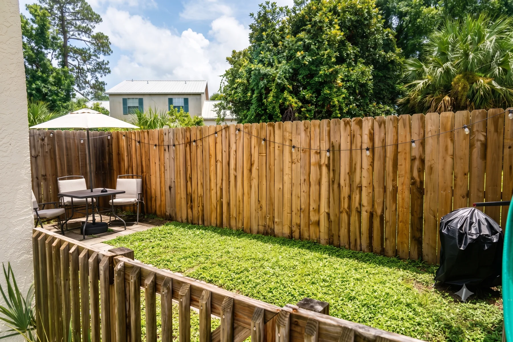 A fenced backyard with patio seating and a walkway